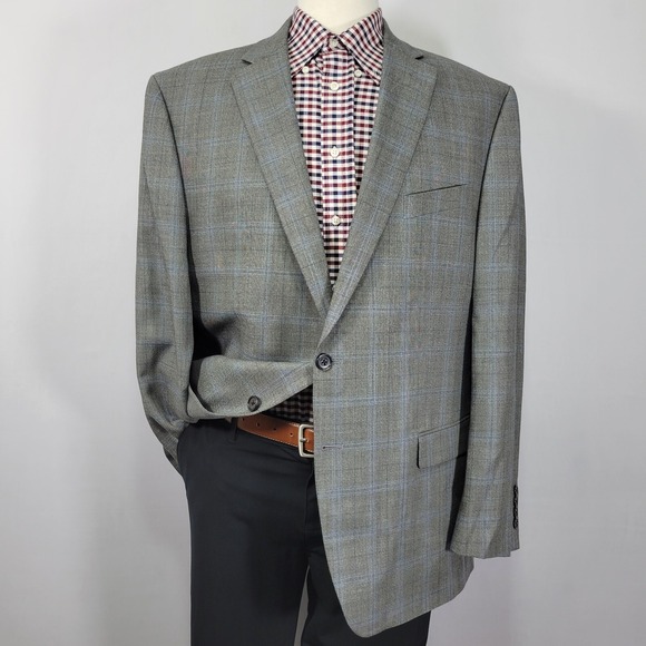 Lauren Ralph Lauren Men's Sport Coat Blazer Gray Blue Plaid Silk Wool Size‎ 48R - Picture 1 of 14
